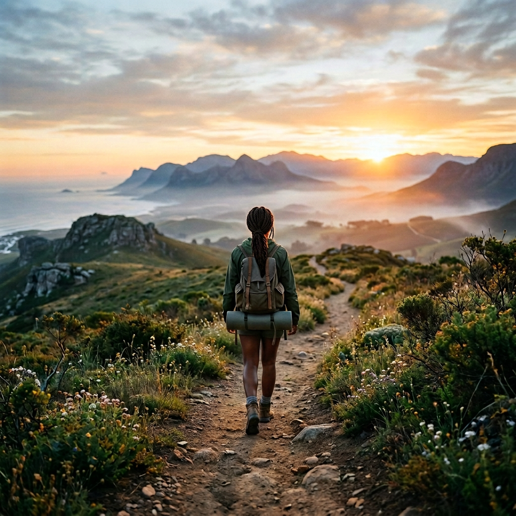 Backpacker walking along a mountain trail toward sunrise and misty peaks