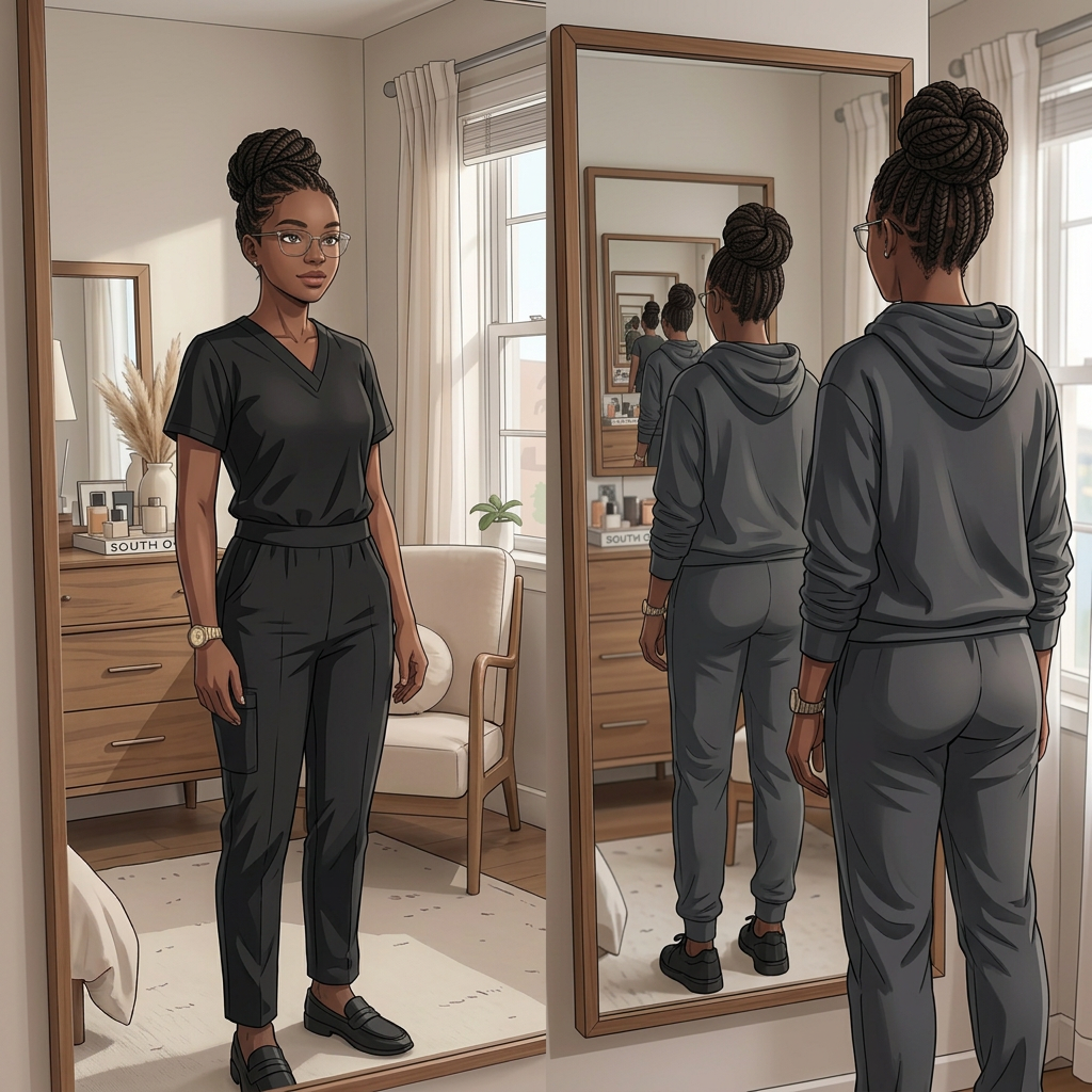 Dark-skinned woman in sweats viewing black scrubs reflection